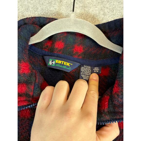 VINTAGE 90s EBTEK Eddie Bauer 1/4 Zip Pullover Mens Medium Plaid Fleece Outdoor - Picture 7 of 7